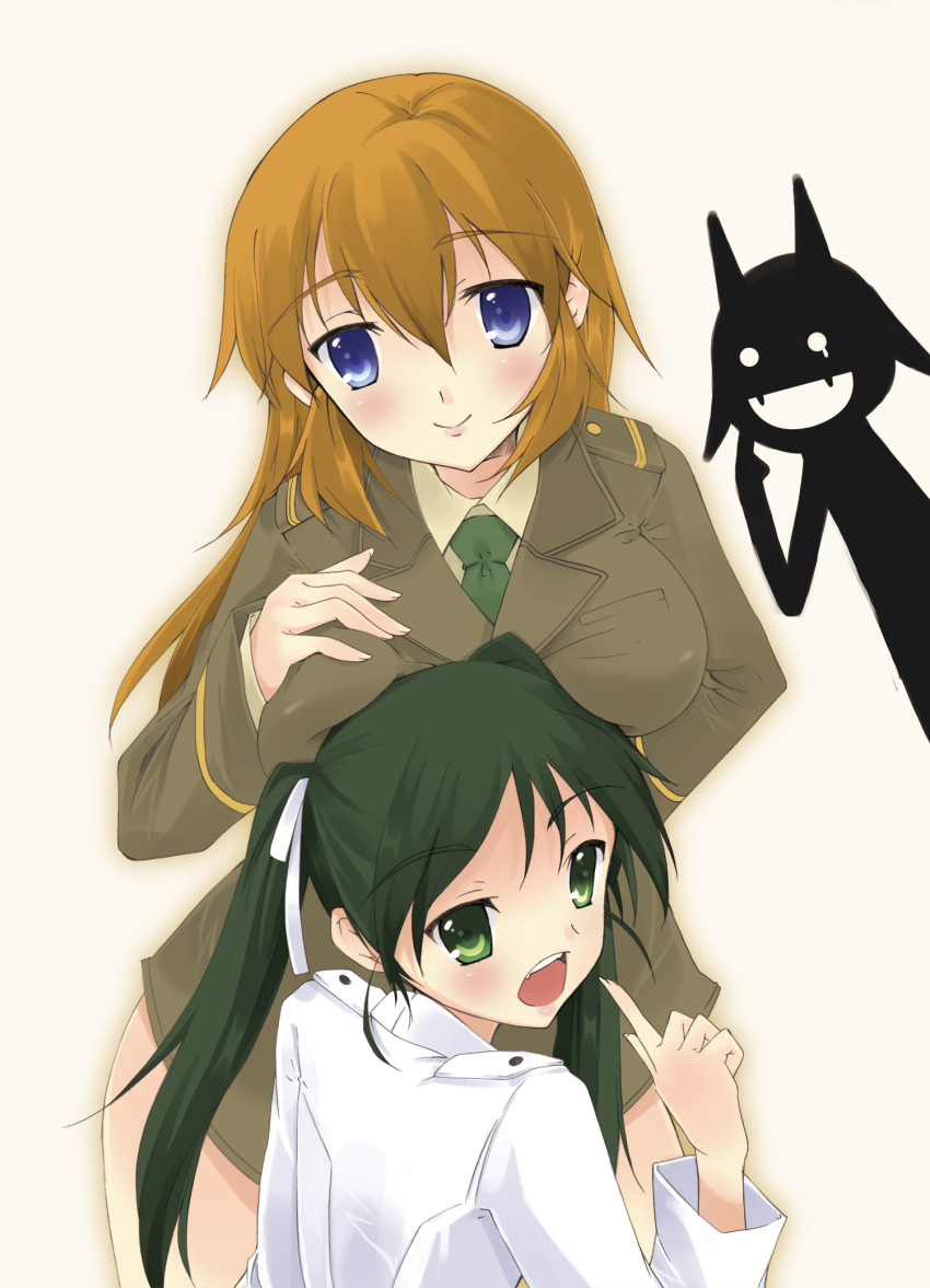 blue_eyes breast_rest breasts charlotte_e_yeager fang fangs francesca_lucchini green_eyes haru_(artist) highres long_hair military military_uniform orange_hair smile strike_witches twintails uniform