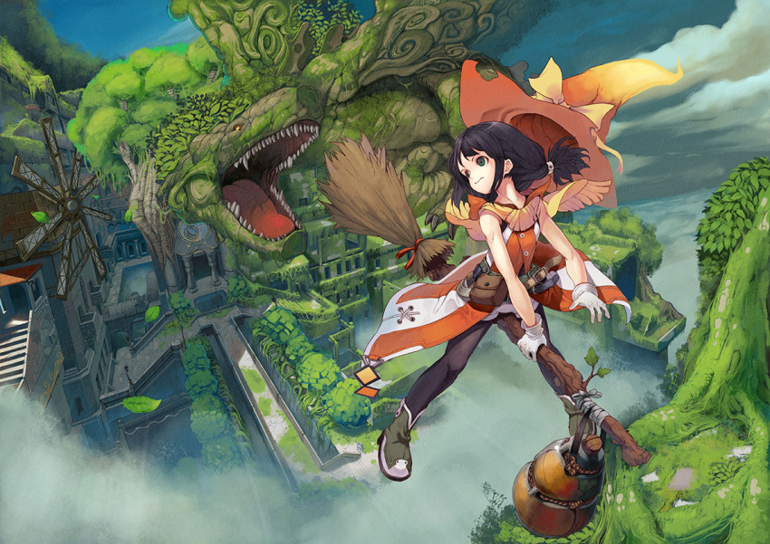 broom_riding city dragon flying gloves hat monster monsters nature original pantyhose saitou_takeo witch witch_hat