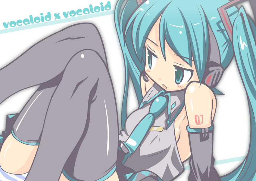 aqua_hair arata_toshihira detached_sleeves hatsune_miku headset highres panties striped striped_panties thigh-highs thighhighs twintails underwear vocaloid