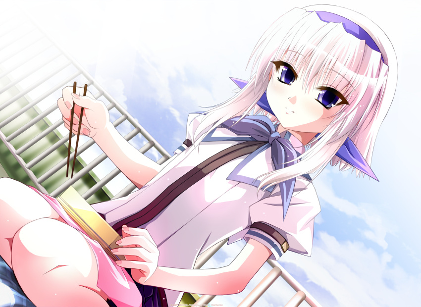 akai_migiwa blue_eyes blush chopsticks cloud cross_~kyouki_e_no_michi_shirube~ dutch_angle fence flat_chest flower hairband highres hikawa_shizuku kneeling knees nail_polish obentou outdoors ribbon robingi school_uniform short_hair sky smile solo white_hair wings