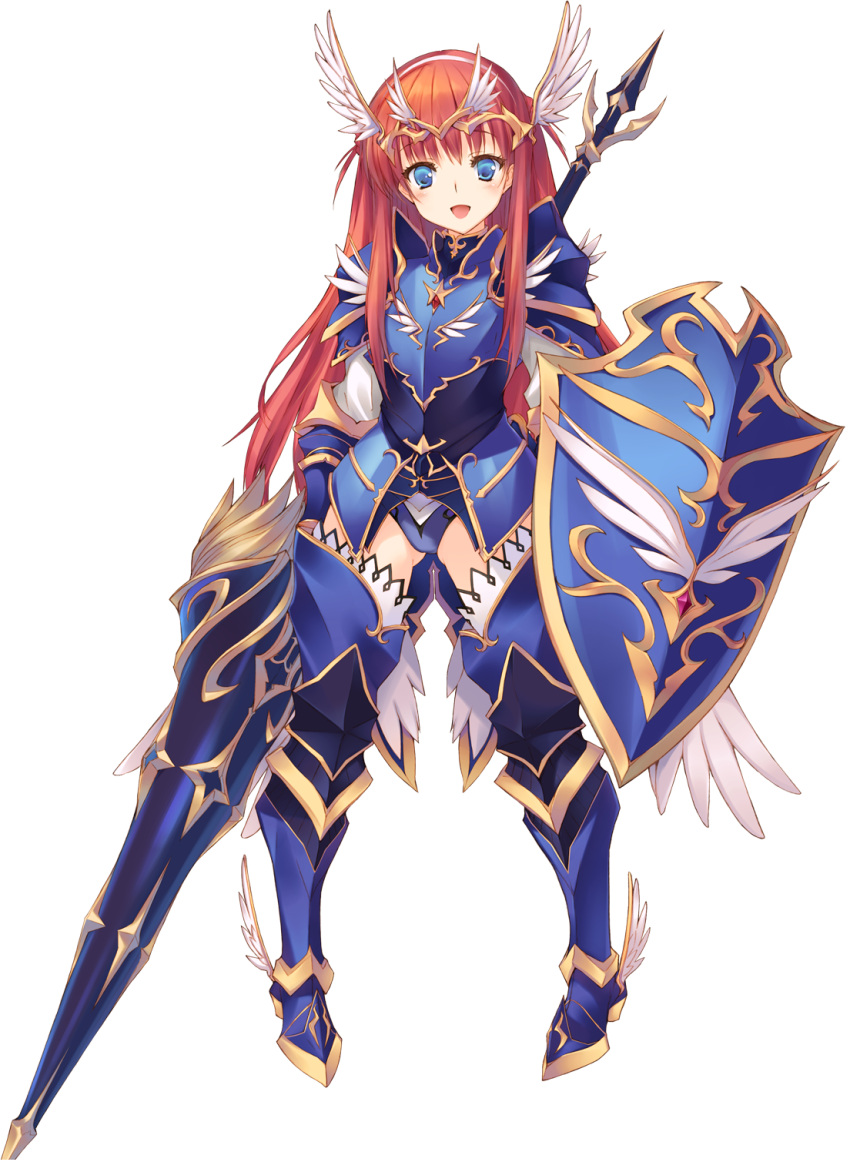 alisia_heart aquaplus armor armored_boots blue_eyes boots dungeon_travelers_2 full_body hairband head_wings highres holding holding_weapon lance long_hair looking_at_viewer pigeon-toed polearm redhead shield tori@gununu transparent_background weapon