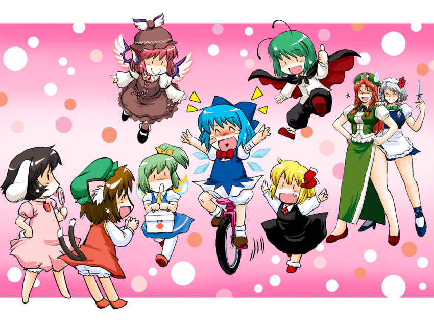 6+girls :d :o anger_vein angry animal_ears antennae apron arms_up ascot azuki_osamitsu bandages black_hair blonde_hair bloomers blue_hair blush bow box braid brown_hair bruise bunny_ears bunny_tail candy cape carrot cat_ears cat_tail chen chibi child china_dress chinese_clothes cirno clapping closed_eyes daiyousei dress fairy_wings fang first_aid_kit floating green_hair hair_bow hands_on_hips happy hat heart heart_in_mouth high_heels hong_meiling ice inaba_tewi injury izayoi_sakuya jewelry knife licking lollipop long_hair maid maid_headdress multiple_girls multiple_tails mystia_lorelei necklace open_mouth orange_hair pink_hair red_cross red_hair rumia shoes short_hair side_ponytail side_slit silver_hair skirt smile socks star sweatdrop swirl_lollipop tail team_9 tears thumbs_up tongue touhou unicycle waist_apron wings wriggle_nightbug you_gonna_get_raped young |_|