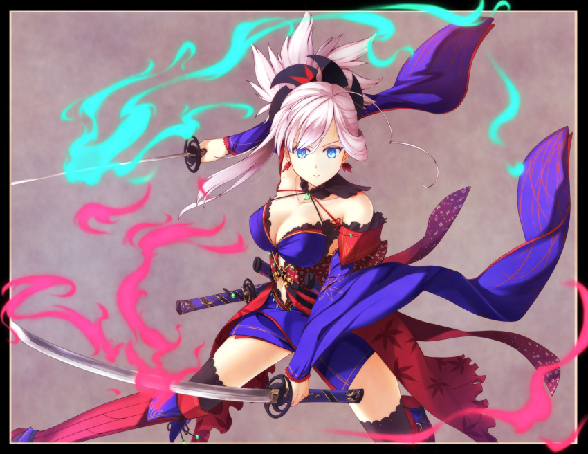 absurdres blue_eyes breasts cleavage dual_wielding fate/grand_order fate_(series) highres japanese_clothes katana linon looking_at_viewer miyamoto_musashi_(fate/grand_order) one_girl serious solo sword thigh-highs weapon wide_sleeves