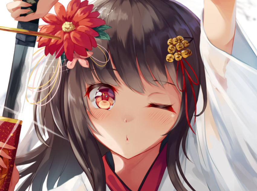 1girl bangs bell blush brown_hair close-up eyebrows_visible_through_hair flower hair_bell hair_flower hair_ornament holding holding_sword holding_weapon igakusei japanese_clothes jingle_bell katana long_hair looking_at_viewer one_eye_closed original pursed_lips red_eyes red_flower sheath simple_background solo sword unsheathing weapon white_background wide_sleeves