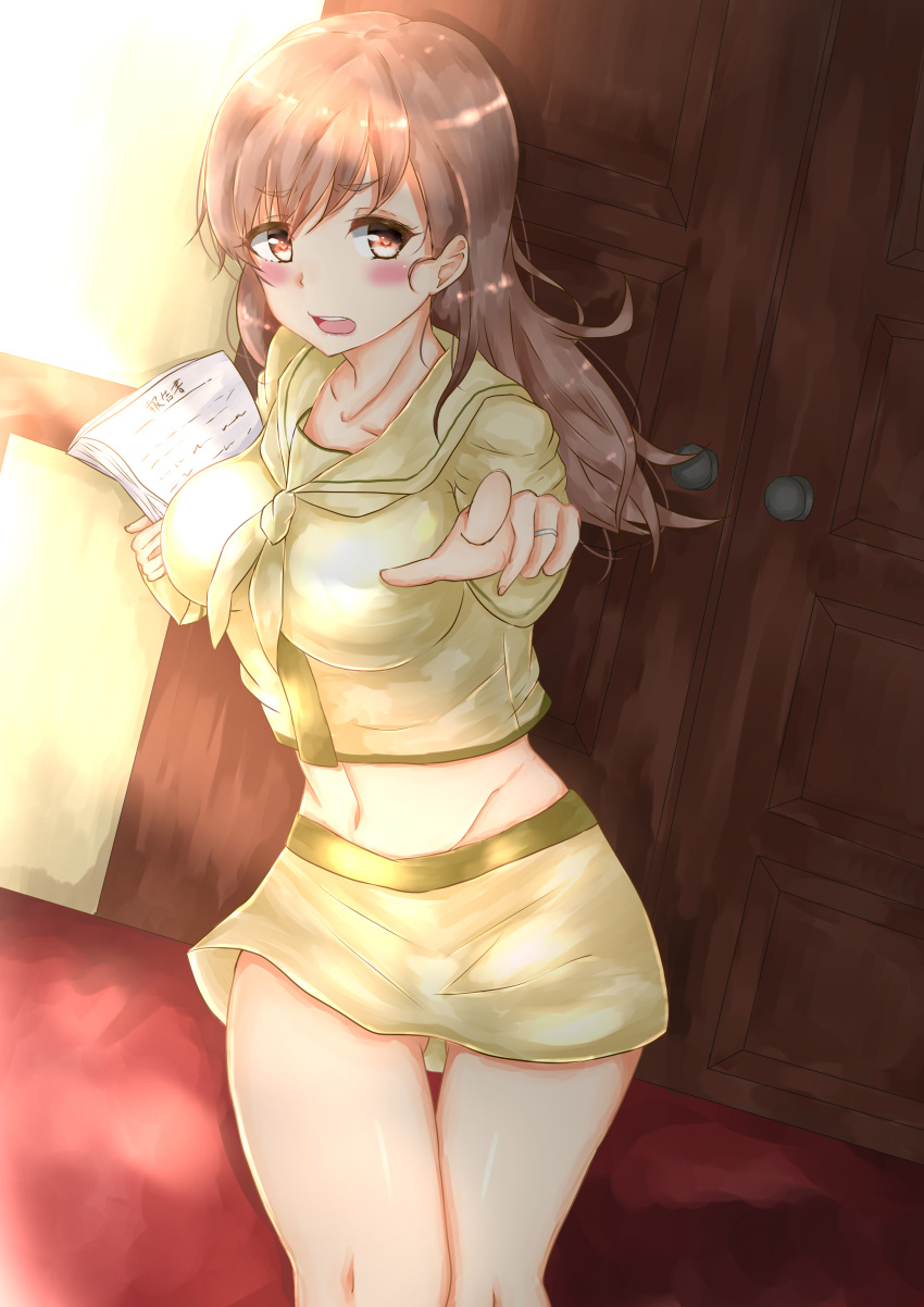 absurdres blush breasts brown_eyes brown_hair groin highres holding holding_paper jewelry kantai_collection large_breasts looking_at_viewer midriff navel ooi_(kantai_collection) paper papers reaching_out ring riyo_(ryon_96) sketch thigh_gap thighs wooden_door