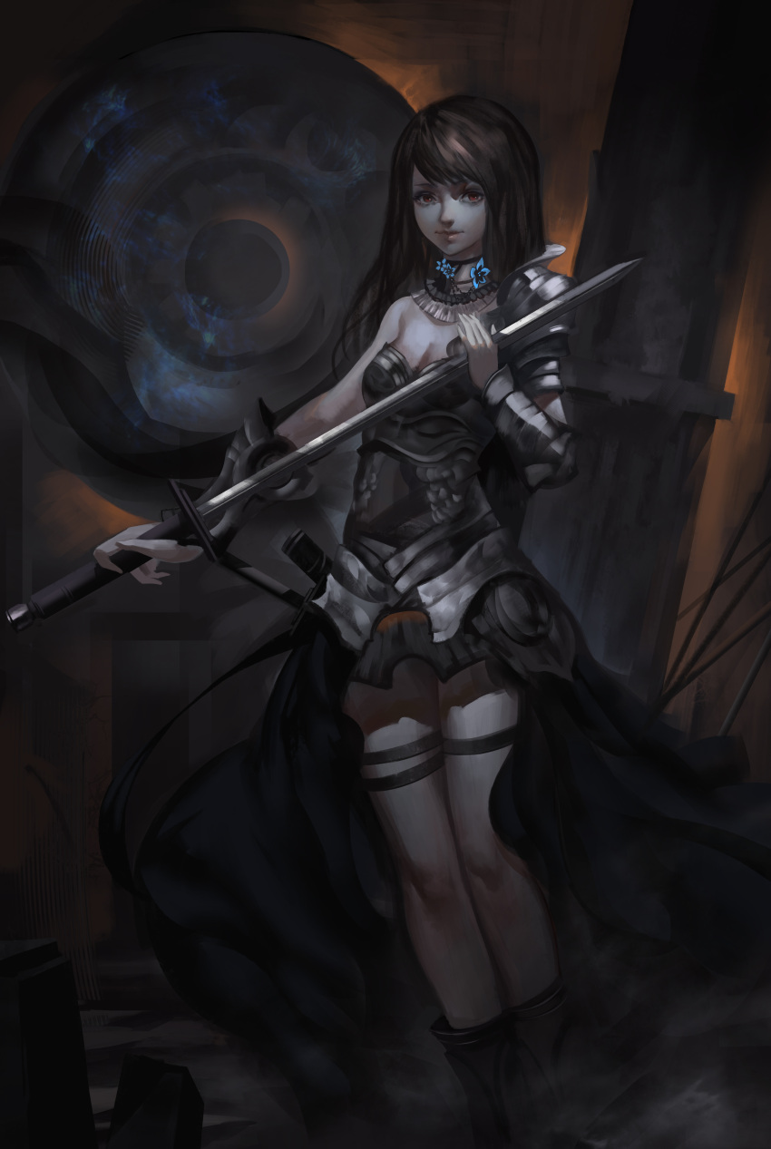 1girl absurdres armor baka_(mh6516620) black_eyes black_hair black_skirt boots breasts choker cleavage highres holding holding_sword holding_weapon long_hair looking_at_viewer miniskirt original skirt small_breasts solo standing sword thigh_strap weapon