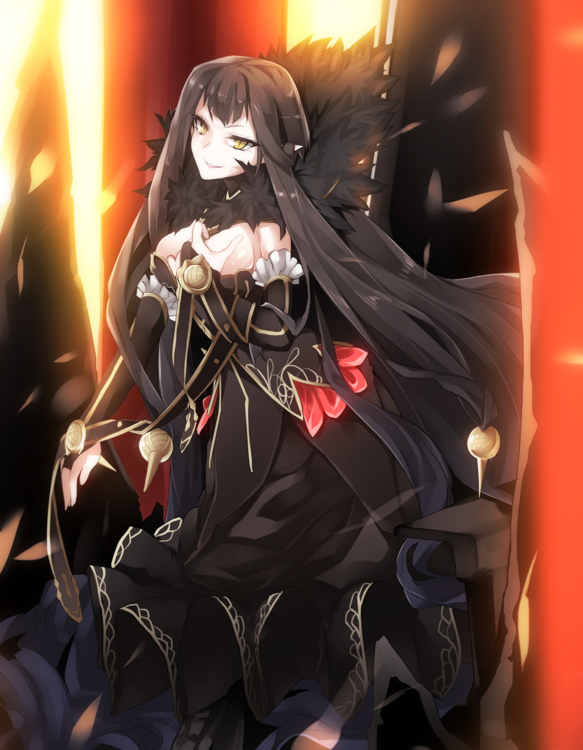 &gt;:) 1girl assassin_of_red bangs black_dress black_hair breasts cleavage dress fate/apocrypha fate_(series) from_side fur highres kazetto long_hair long_sleeves looking_at_viewer looking_to_the_side medium_breasts parted_lips slit_pupils smile solo very_long_hair yellow_eyes