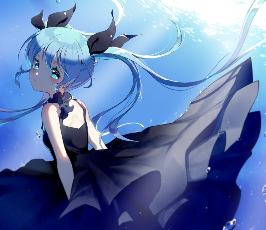 1girl air_bubble bangs black_dress black_ribbon blue_eyes blue_hair blush closed_mouth dress floating_hair frilled_dress frills from_behind hair_between_eyes hair_ribbon hatsune_miku highres long_hair looking_at_viewer looking_back mechuragi ribbon shinkai_shoujo_(vocaloid) solo underwater very_long_hair vocaloid water_surface