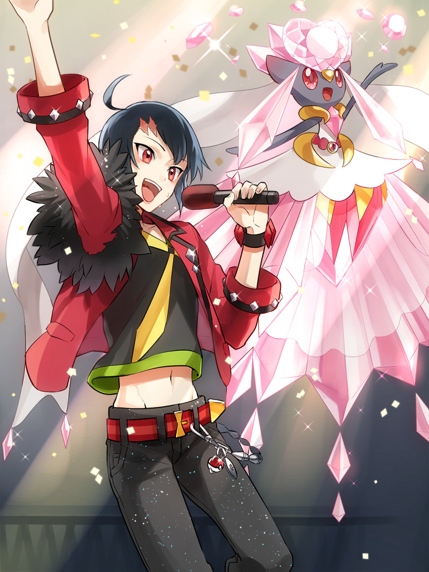 1boy :d adonis_belt ahoge alternate_costume arm_up belt black_hair confetti diancie heart highres holding idol jacket male_focus microphone navel nuku open_clothes open_jacket open_mouth pink_lips poke_ball pokemon pokemon_(creature) pokemon_special red_eyes ruby_(pokemon) scar short_hair smile sparkle sweat