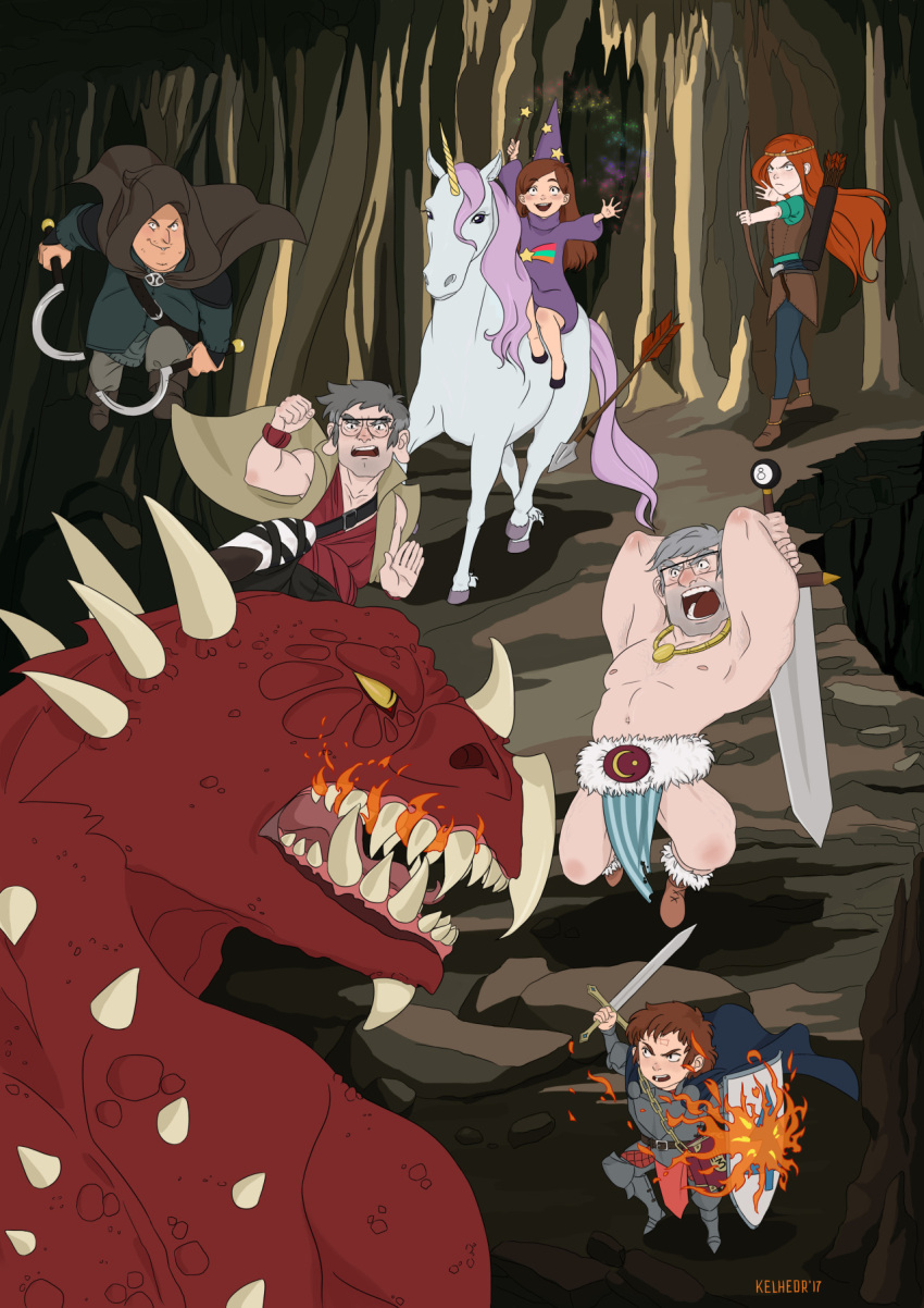 2girls 4boys armor brown_hair cape dipper_pines dragon eugenia_beilschmidt freckles gravity_falls greaves hat highres knight long_hair mabel_pines multiple_boys multiple_girls redhead role_play shield siblings smile soos stanford_pines stanley_pines sweater sword turtleneck twins weapon wendy_corduroy