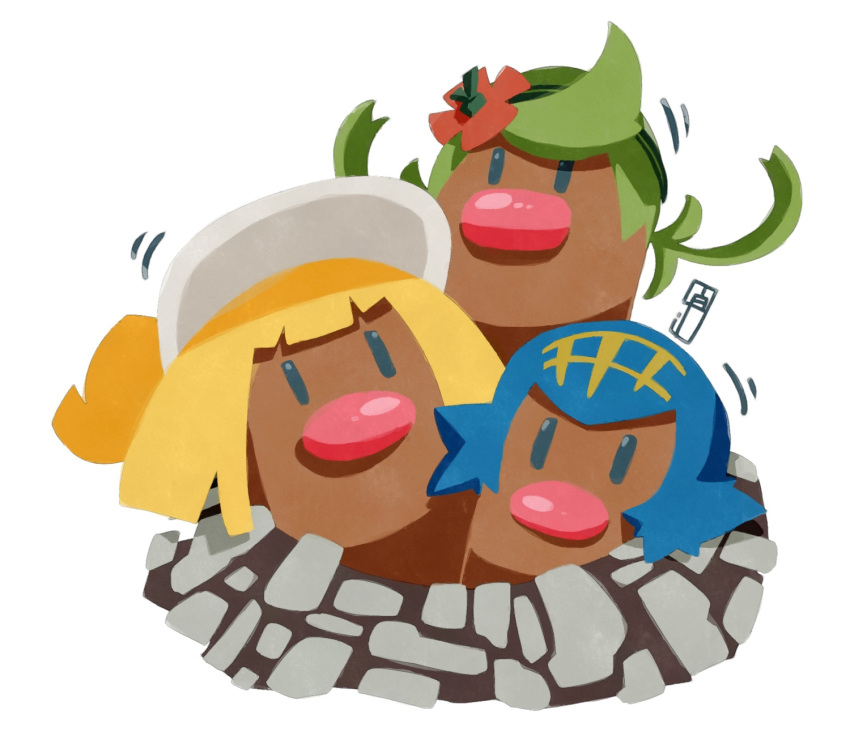 alola_form alolan_dugtrio bangs blonde_hair blue_eyes blue_hair blunt_bangs chawalit_adsawawalanon dugtrio flower green_hair hair_flower hair_ornament hairband hat headband highres lillie_(pokemon) long_hair mallow_(pokemon) motion_lines no_humans pokemon pokemon_(creature) pokemon_(game) pokemon_sm short_hair simple_background suiren_(pokemon) trial_captain twintails white_background white_hat |_|