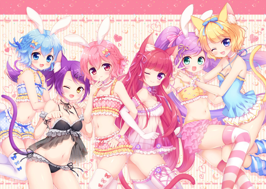 1boy 5girls :3 :d ;) ;d animal_ears aqua_eyes babydoll bangs bikini blonde_hair blue_eyes blue_hair blush bow bracelet braid breasts cat_ears cat_tail choker cleavage crescent dorothy_west elbow_gloves fang flat_chest frilled_bikini frills from_side gloves hair_bow hair_ornament hair_ribbon hairclip hand_on_own_face hands_on_another's_shoulders heart houjou_sophie jewelry kemonomimi_mode leona_west long_hair looking_at_viewer loose_socks manaka_lala medium_breasts minami_mirei mitsuba_choco multiple_girls navel one-piece_swimsuit one_eye_closed open_mouth paw_pose pink_eyes pink_hair ponytail pripara purple_hair rabbit_ears redhead ribbon short_hair small_breasts smile socks star striped striped_background striped_legwear swimsuit tail thigh-highs toudou_shion trap twintails v very_long_hair violet_eyes white_gloves white_legwear yellow_eyes