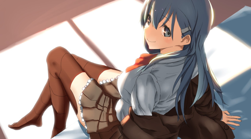 1girl aqua_eyes aqua_hair blush breasts brown_jacket brown_legwear brown_skirt couch frilled_skirt frills from_above hair_ornament hairclip highres indoors jacket jacket_removed kantai_collection looking_at_viewer medium_breasts pleated_skirt shirt sitting skirt smile solo suzuya_(kantai_collection) thigh-highs tsuuhan white_shirt wooden_floor