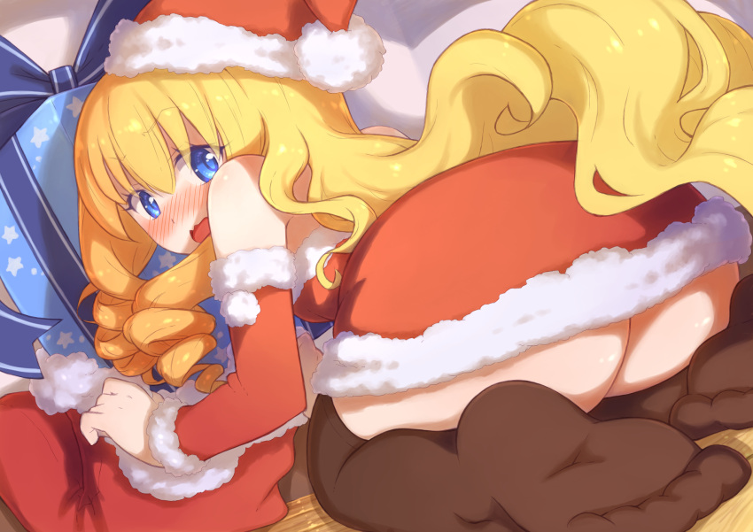 1girl amagi_brilliant_park ass bare_shoulders bent_over black_legwear blonde_hair blue_eyes blush box breasts christmas detached_sleeves dress dutch_angle embarrassed eyebrows_visible_through_hair feet gift gift_box hair_between_eyes hat highres latifa_fleuranza looking_back medium_breasts moonhackle no_shoes nose_blush on_floor open_mouth red_dress santa_costume santa_hat seiza sitting soles solo star star_print thigh-highs toes wooden_floor