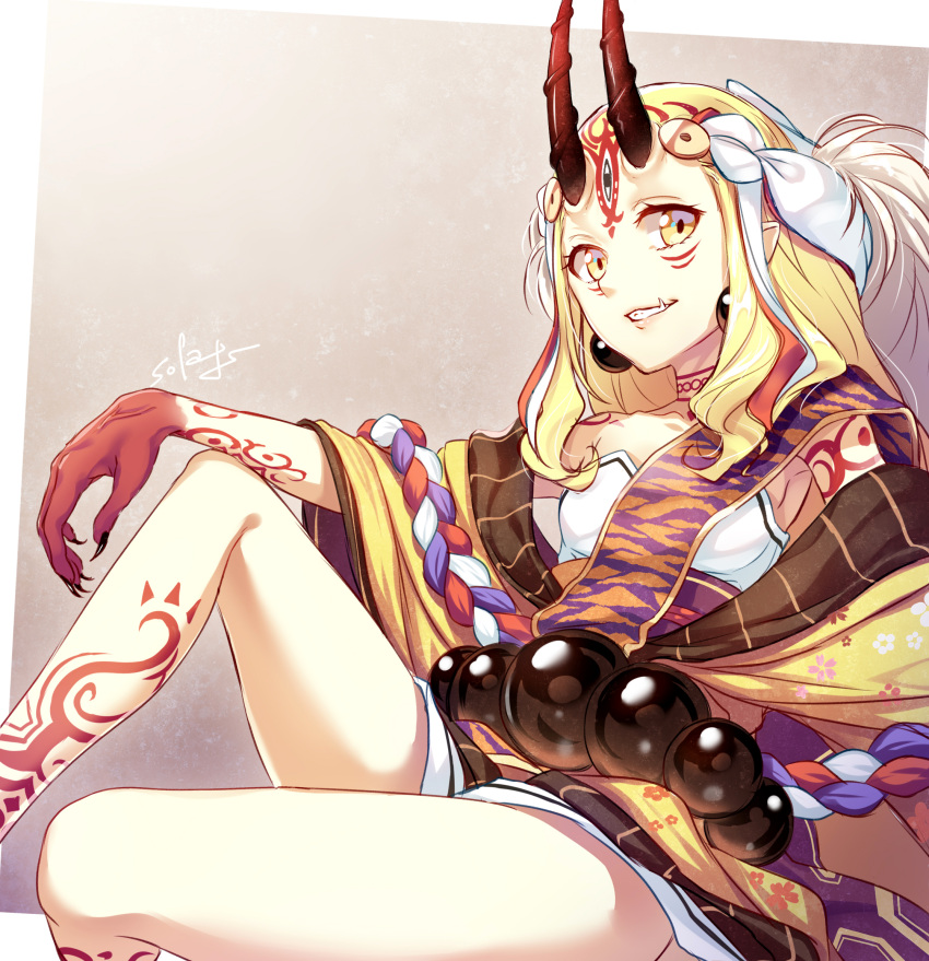 1girl blonde_hair breasts earrings facial_mark fang fate/grand_order fate_(series) highres horns ibaraki_douji_(fate/grand_order) japanese_clothes jewelry kimono long_hair looking_at_viewer oni oni_horns open_mouth pointy_ears smile solo sora_from_france tattoo yellow_eyes