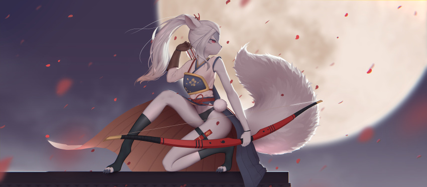 1girl absurdres animal_ears archery arm_at_side arrow bai_lang black_legwear black_panties blurry bow_(weapon) brown_gloves closed_mouth depth_of_field eyelashes floral_print full_body full_moon furry gloves grey_skin high_ponytail highres kneehighs long_hair long_sleeves looking_back maredoro moon moonlight muneate navel night night_sky no_shoes one_knee onmyoji outdoors panties petals pleated_skirt pom_pom_(clothes) ponytail profile red_eyes side_slit single_sleeve skirt sky solo stomach tail thigh_strap toeless_legwear underwear weapon white_background white_hair wolf wolf_ears wolf_girl wolf_tail