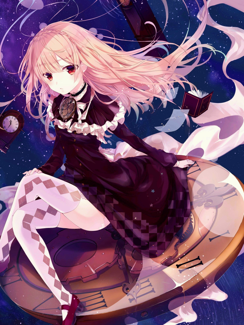 1girl absurdres argyle argyle_legwear bangs black_dress blonde_hair book braid capelet checkered checkered_dress choker clock closed_mouth dress expressionless eyebrows_visible_through_hair floating_hair frills garter_straps gears grandfather_clock high_heels highres jewelry jne legs_crossed locket lolita_fashion long_hair looking_at_viewer open_book original pendant red_eyes red_shoes roman_numerals shoes sitting sky solo star_(sky) starry_sky thigh-highs white_legwear