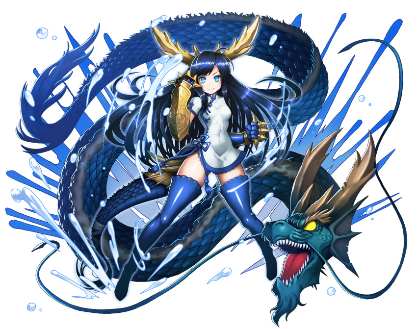 1girl bandage blue_eyes blue_hair boots china_dress chinese_clothes defiaz_(infinity) dragon dragon_girl dragon_horns dragon_tail dress gauntlets head_fins horns karin_(p&amp;d) long_hair open_mouth puzzle_&amp;_dragons sharp_teeth smile solo_focus spiked_knuckles tail teeth thigh-highs thigh_boots water yellow_eyes