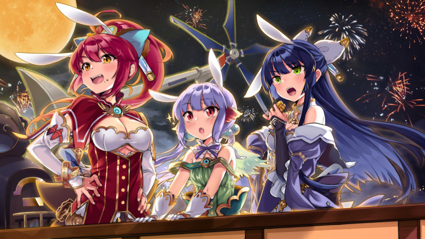 3girls :o absurdres animal_ears bandeau bangs bare_shoulders blue_hair blush bow bracelet breasts breasts_outside detached_sleeves fireworks food food_on_face full_moon gloves green_eyes hair_bobbles hair_bow hair_ornament hands_on_hips highres isekai_karano_nono jewelry kikimi large_breasts long_hair moon multiple_girls nono_(isekai_karano_nono) ponytail purple_hair rabbit_ears red_eyes redhead ruri_(isekai_karano_nono) sparkle white_gloves wings