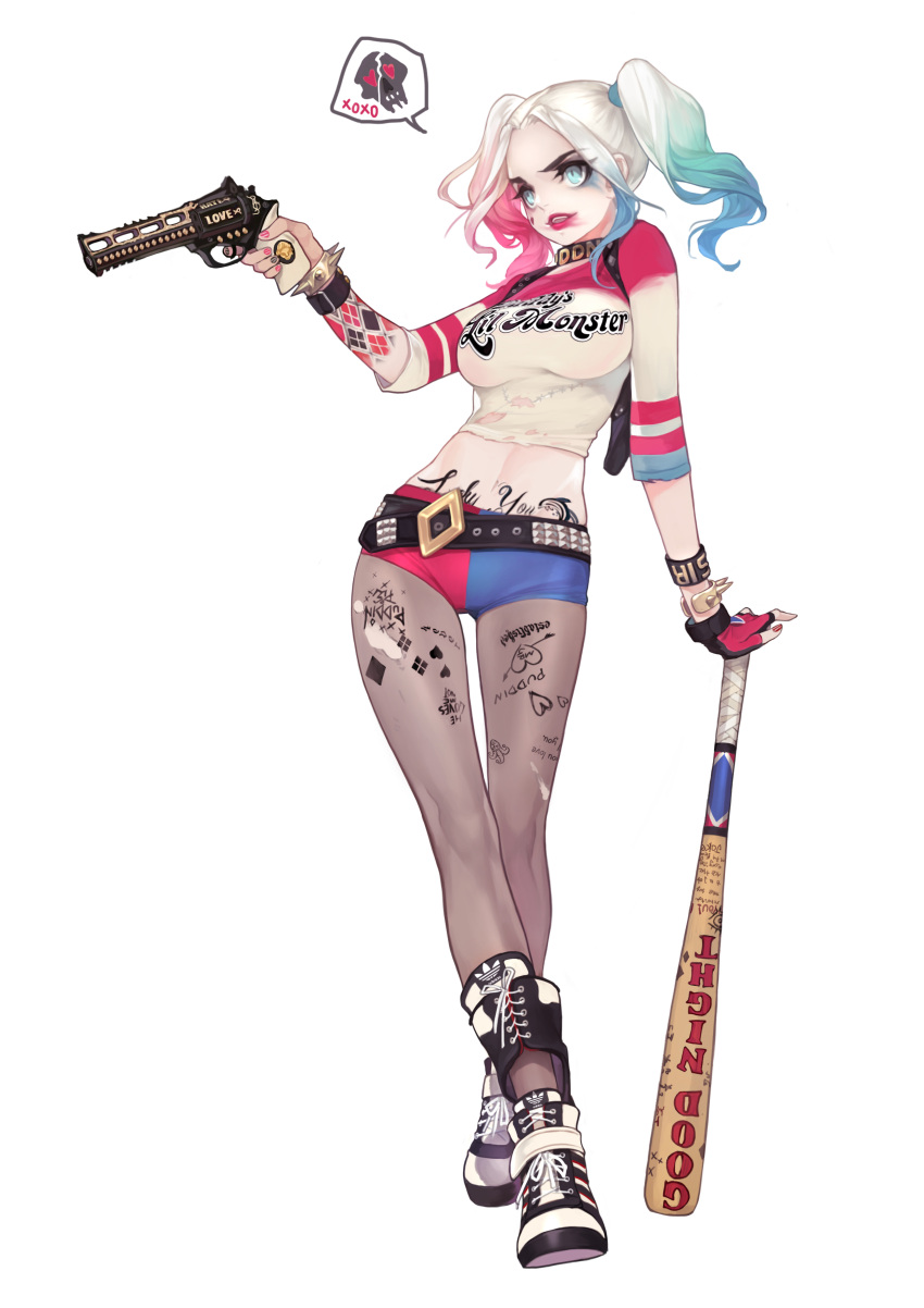 1girl absurdres blonde_hair blue_hair body_writing breasts dc_comics gun handgun harley_quinn highres makeup medium_breasts multicolored_hair olivia_(yh) pink_hair pubic_tattoo revolver short_shorts shorts simple_background solo spoken_skull suicide_squad tattoo thighs weapon white_background