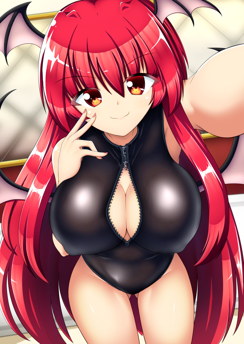 1girl alternate_costume bed black_swimsuit breasts cleavage colored_eyelashes erect_nipples eyes_visible_through_hair fingernails fingers_to_cheek foreshortening from_above front_zipper_swimsuit gluteal_fold gradient_eyes head_tilt highres indoors kagayama_hajime koakuma large_breasts long_hair multicolored multicolored_eyes nail_polish one-piece_swimsuit orange_eyes perspective pink_nails puffy_nipples red_eyes redhead self_shot shiny shiny_clothes shiny_hair sitting smile solo swimsuit thighs touhou very_long_hair