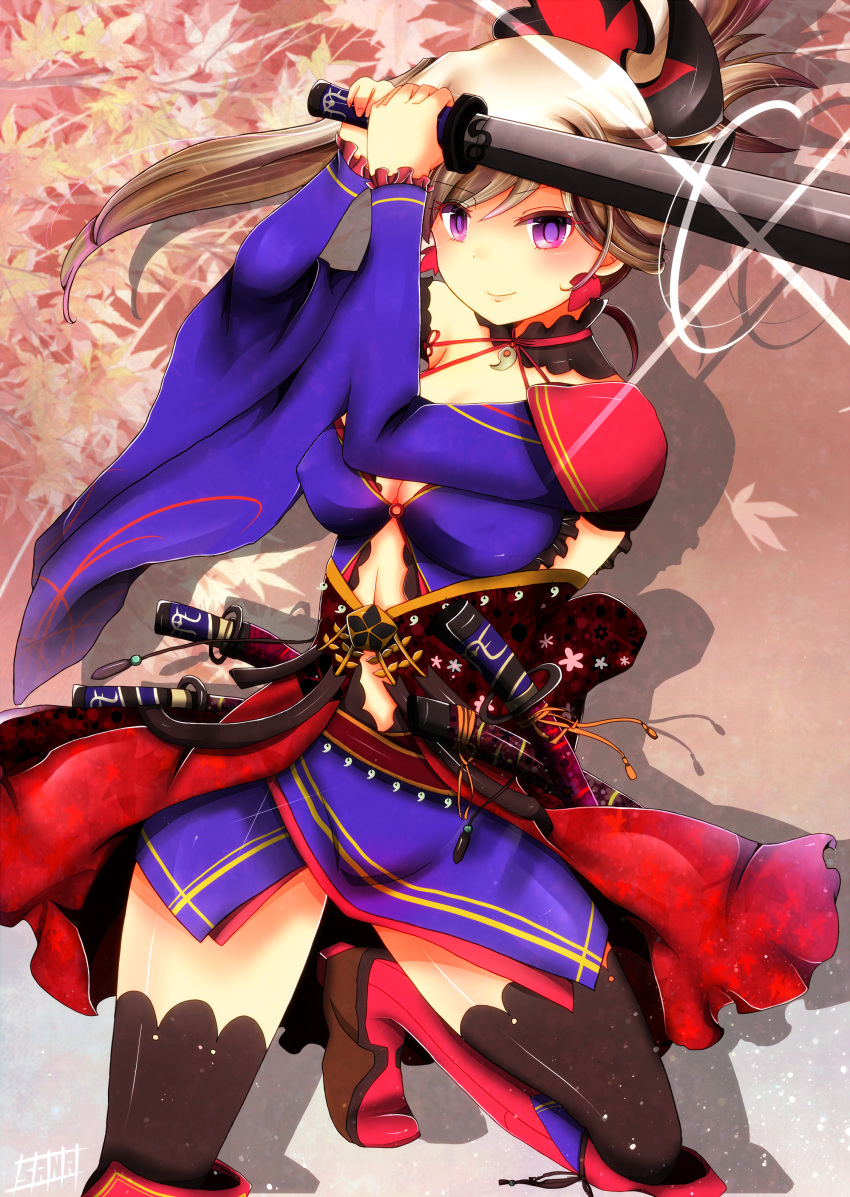 1girl absurdres blue_eyes breasts detached_sleeves earrings fate/grand_order fate_(series) hair_ornament highres japanese_clothes jewelry katana kimono large_breasts looking_at_viewer miyamoto_musashi_(fate/grand_order) obi ponytail sana_hamada sash smile solo sword thigh-highs weapon