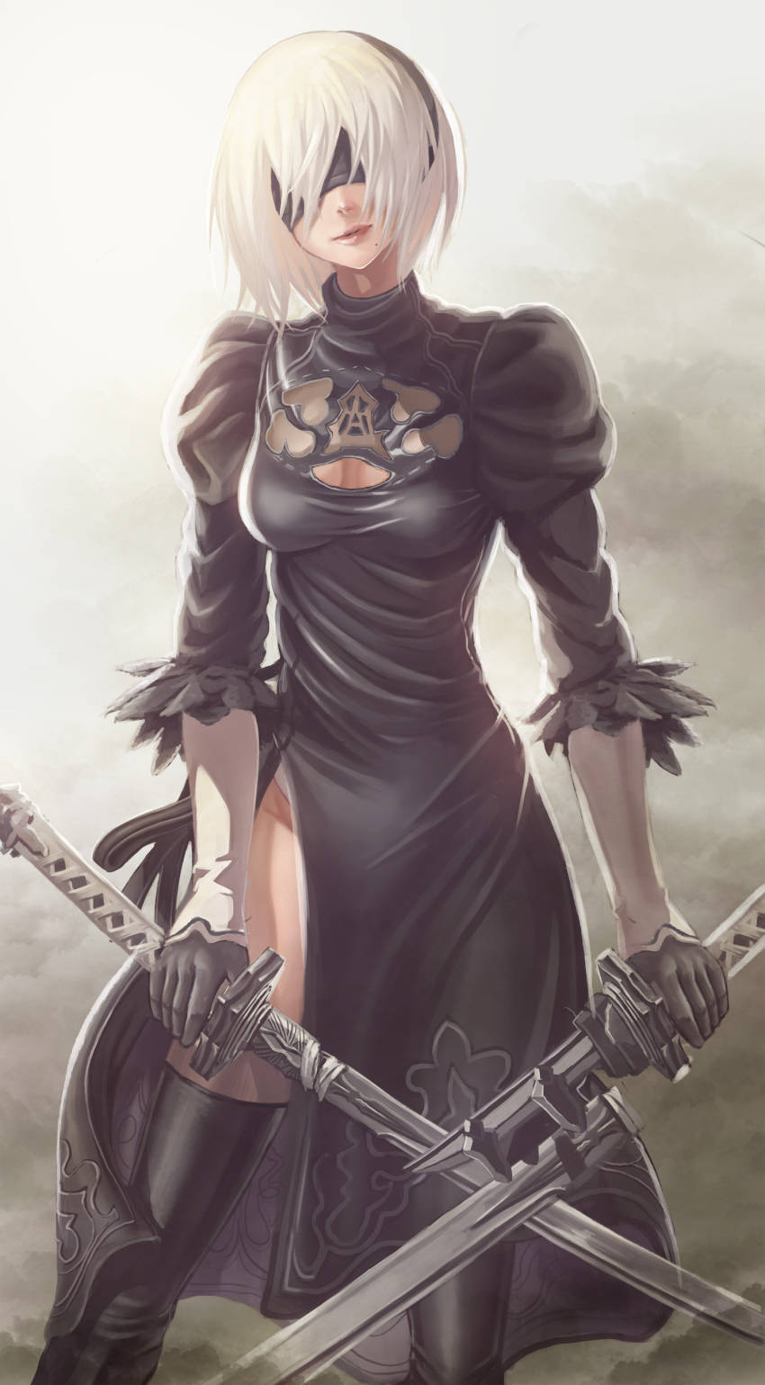 1girl absurdres black_clothes blindfold boots breasts cleavage cleavage_cutout dress gloves highres holding holding_weapon juliet_sleeves knife lips long_sleeves looking_at_viewer mole mole_under_mouth nier_(series) nier_automata pale_skin patterned_clothing puffy_short_sleeves puffy_sleeves short_hair short_sleeves simple_background smile solo standing sword thigh-highs thigh_boots thighs weapon white_hair yorha_no._2_type_b
