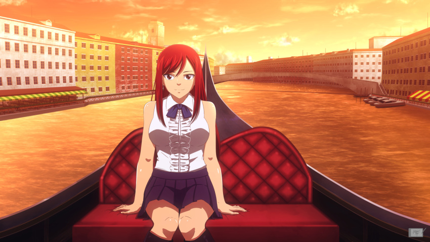 1girl alternate_costume arm arm_support bare_arms bare_shoulders black_boots black_eyes black_skirt blouse blue_bow boat boots bow bowtie breasts bridge building collared_shirt earrings erza_scarlet fairy_tail female gondola highres italy jewelry knees_together_feet_apart legs looking_at_viewer necktie outdoors pleated_skirt redhead satyarizqy shirt sitting skirt sleeveless sleeveless_shirt smile solo sunset water white_shirt