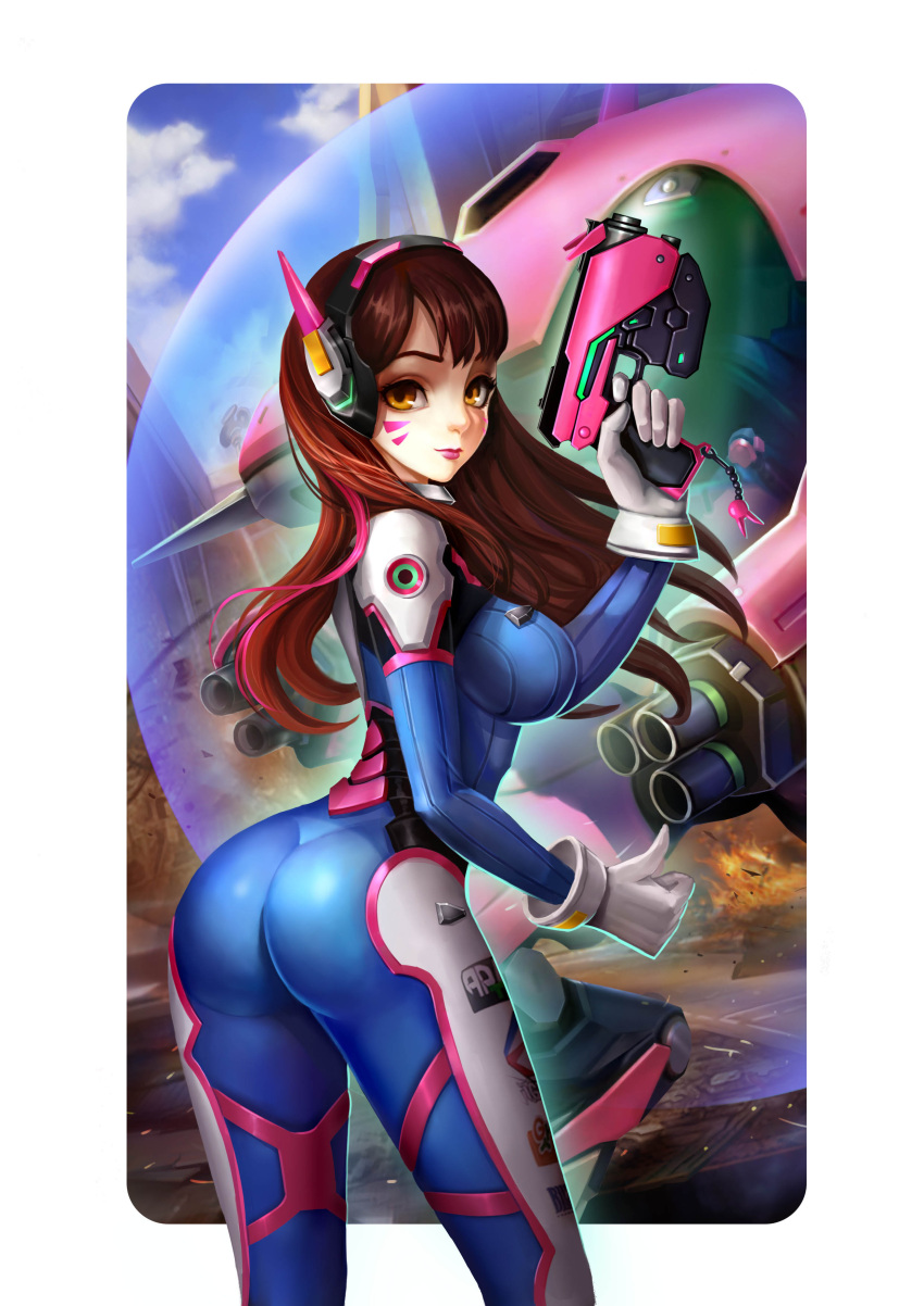 1girl absurdres alternate_breast_size arm_cannon ass bangs blue_bodysuit blue_sky bodysuit boots bracer breasts brown_eyes brown_hair charm_(object) closed_mouth clouds cloudy_sky cowboy_shot d.va_(overwatch) day debris emblem eyelashes facepaint facial_mark finger_on_trigger fire from_behind gatling_gun gloves gun hand_up headgear headphones highres holding holding_gun holding_weapon huge_ass large_breasts le_(huanglongen) legs_apart lipstick logo long_hair long_sleeves looking_back makeup mecha meka_(overwatch) nose overwatch pauldrons pilot_suit pink_lips purple_lips purple_lipstick ribbed_bodysuit shards shoulder_pads skin_tight skindentation sky standing thigh-highs thigh_boots thigh_strap thumbs_up turtleneck weapon whisker_markings white_boots white_gloves white_legwear