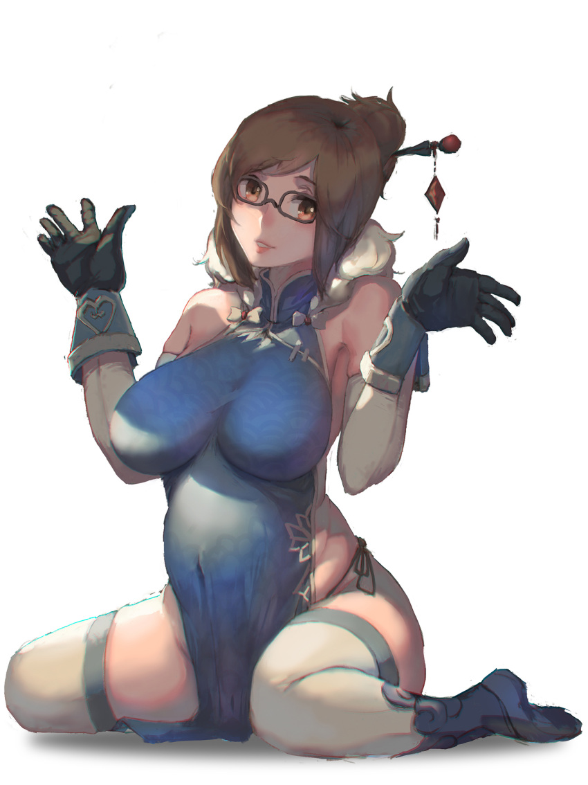 1girl bangs bare_shoulders beads black-framed_eyewear black_panties blue_boots blue_dress boots breasts brown_eyes brown_hair china_dress chinese_clothes covered_navel dress elbow_gloves fur_trim glasses gloves groin hair_bun hair_ornament hair_stick hands_up highres large_breasts lips looking_at_viewer mei_(overwatch) overwatch panties parted_lips pelvic_curtain pink_lips plump short_dress short_hair side-tie_panties side_slit sidelocks simple_background sitting skin_tight sky_of_morika sleeveless sleeveless_dress smile solo swept_bangs teeth thigh-highs turtleneck underwear wariza white_background white_legwear