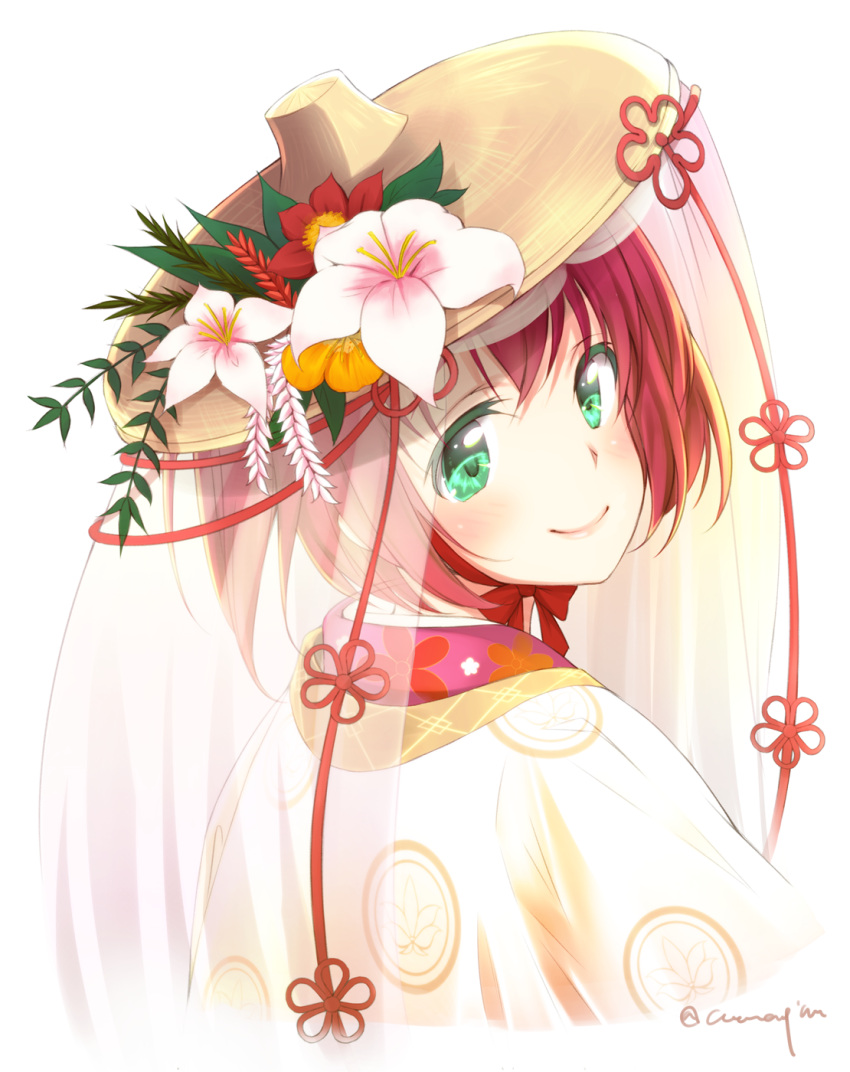 1girl bangs chin_strap flower green_eyes hat hat_flower highres japanese_clothes kurosawa_ruby looking_at_viewer looking_back love_live! love_live!_school_idol_festival love_live!_school_idol_project love_live!_sunshine!! redhead ricar smile solo twitter_username upper_body veil