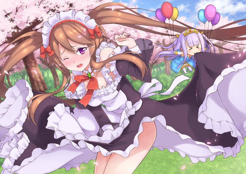 &gt;_&lt; 2girls :&gt; apron balloon black_dress blue_dress blush boots bow breasts brooch brown_hair bush cherry_blossoms chibi closed_eyes covering covering_crotch day detached_collar detached_sleeves dress dutch_angle eyebrows_visible_through_hair frilled_apron frills grass hair_between_eyes highres jewelry lavender_hair long_hair long_sleeves maid maid_headdress medium_breasts moonhackle mouth_hold multiple_girls myucel_foalan neck_ribbon one_eye_closed open_mouth outbreak_company outdoors outstretched_arms petals petralka_anne_eldant_iii pointy_ears red_bow red_ribbon ribbon sidelocks spread_arms strapless strapless_dress tears thigh-highs thigh_boots tiara tree twintails violet_eyes white_boots wind