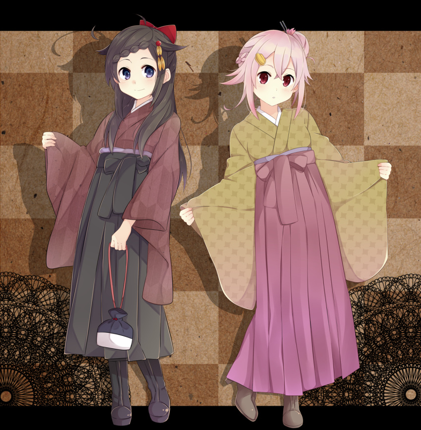 2girls ahoge alternate_hairstyle black_hakama blue_eyes boots bow hair_bow hair_ornament hakama harusame_(kantai_collection) highres japanese_clothes kantai_collection kimono kinchaku letterboxed looking_at_viewer meiji_schoolgirl_uniform multiple_girls outside_border pink_hair pink_hakama pouch purple_hakama red_eyes shadow shigure_(kantai_collection) smile yagasuri yukichi_(eikichi)