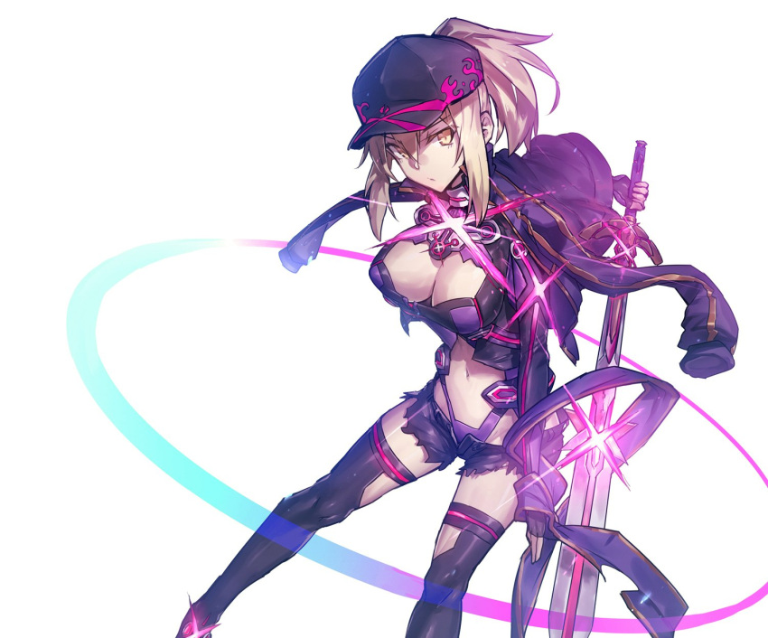 &gt;:/ 1girl bangs baseball_cap black_gloves black_legwear black_shorts blonde_hair breasts cleavage closed_mouth crop_top fate_(series) fingerless_gloves gloves hair_between_eyes hat heroine_x highres holding holding_sword holding_weapon jacket_on_shoulders large_breasts looking_at_viewer melon22 midriff navel panties ponytail purple_panties rojiura_satsuki_:_chapter_heroine_sanctuary saber short_shorts shorts sidelocks simple_background solo sword thigh-highs torn_clothes torn_shorts underwear weapon white_background yellow_eyes