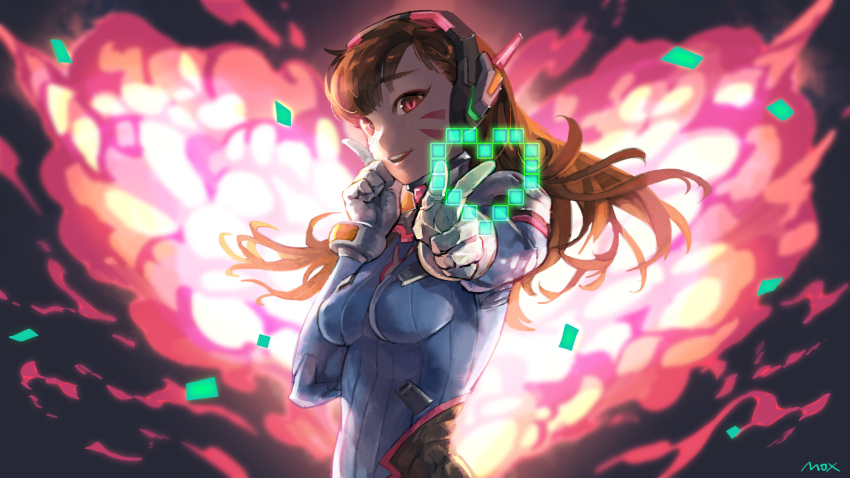 1girl animal_print artist_name backlighting bad_id bangs blue_bodysuit bodysuit breasts brown_eyes brown_hair bunny_print commentary_request d.va_(overwatch) explosion facepaint facial_mark gloves glowing grey_background headphones heart high_collar highres hologram index_finger_raised long_hair looking_at_viewer medium_breasts moxhum open_mouth overwatch pilot_suit pixel_heart pixelated pointing pointing_at_viewer ribbed_bodysuit shoulder_pads signature skin_tight smile solo swept_bangs upper_body wallpaper whisker_markings white_gloves