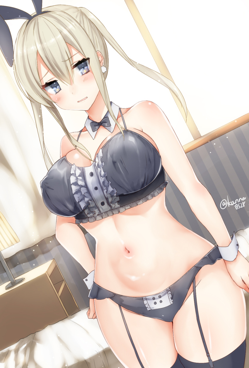 1girl animal_ears bare_shoulders bed black_bra black_legwear black_panties blonde_hair blue_eyes blush bra breasts collarbone commentary_request curtains curvy detached_collar dutch_angle earrings embarrassed erect_nipples eyebrows_visible_through_hair garter_straps graf_zeppelin_(kantai_collection) hair_between_eyes hand_on_hip highres indoors jewelry kantai_collection lamp large_breasts long_hair looking_at_viewer navel panties rabbit_ears sakiryo_kanna solo thigh-highs twintails twitter_username underwear wide_hips window wrist_cuffs
