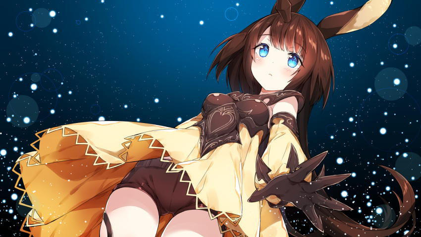 1girl animal_ears armor armored_dress bangs belt black_gloves black_shorts blue_background blue_eyes blush breastplate breasts brown_hair chitetan closed_mouth cowboy_shot detached_sleeves dress dutch_angle eyebrows_visible_through_hair eyelashes from_below frown gloves horn light_particles long_hair looking_at_viewer moon_al-mi'raj night night_sky open_hand palms rabbit_ears shadowverse shorts sky small_breasts solo spread_fingers thigh_strap upskirt very_long_hair yellow_dress
