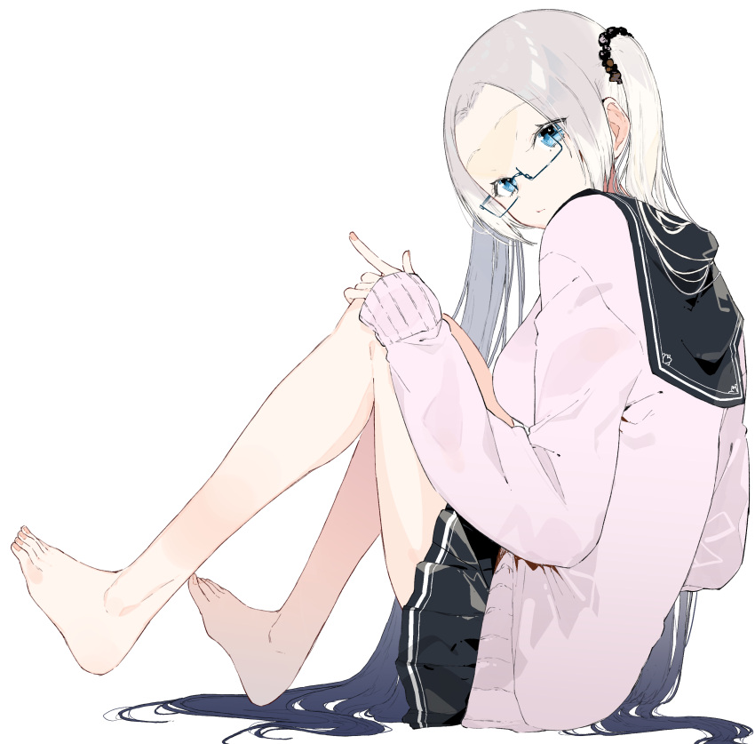 1girl :/ absurdres barefoot black-framed_eyewear black_skirt breasts cardigan closed_mouth eyebrows_visible_through_hair feet forehead from_side glasses grey_hair hair_ornament hair_scrunchie hand_on_own_knee highres index_finger_raised kayahara_(kayaka) large_breasts long_hair looking_at_viewer mole mole_under_eye original pleated_skirt school_uniform scrunchie semi-rimless_glasses serafuku silver_hair simple_background sitting skirt solo toes twintails very_long_hair white_background