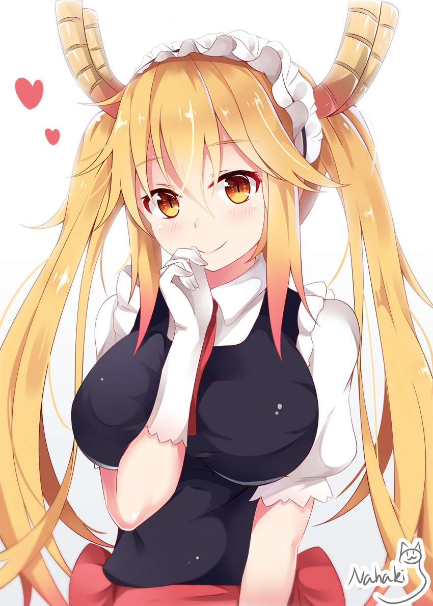 1girl artist_name bangs between_breasts black_vest blonde_hair blush breasts cat closed_mouth dragon_girl dragon_horns eyebrows_visible_through_hair gloves gradient gradient_background hair_between_eyes hand_to_own_mouth highres horns kobayashi-san_chi_no_maidragon large_breasts long_hair looking_at_viewer maid maid_headdress necktie orange_eyes puffy_short_sleeves puffy_sleeves red_necktie sash shiny shiny_hair shirt short_sleeves sidelocks signature simple_background sin-poi slit_pupils smile solo tooru_(maidragon) twintails upper_body very_long_hair vest white_background white_gloves white_shirt