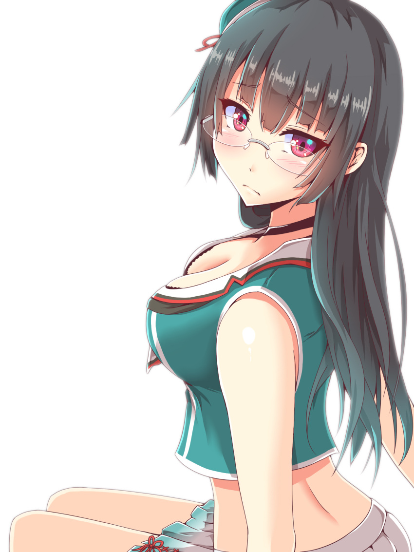 1girl beret black_hair blue_hat blush breasts choukai_(kantai_collection) cleavage from_side frown glasses hat highres kantai_collection long_hair looking_at_viewer medium_breasts midriff pleated_skirt red_eyes remodel_(kantai_collection) simple_background sitting skirt solo thighs twinameless white_background white_skirt