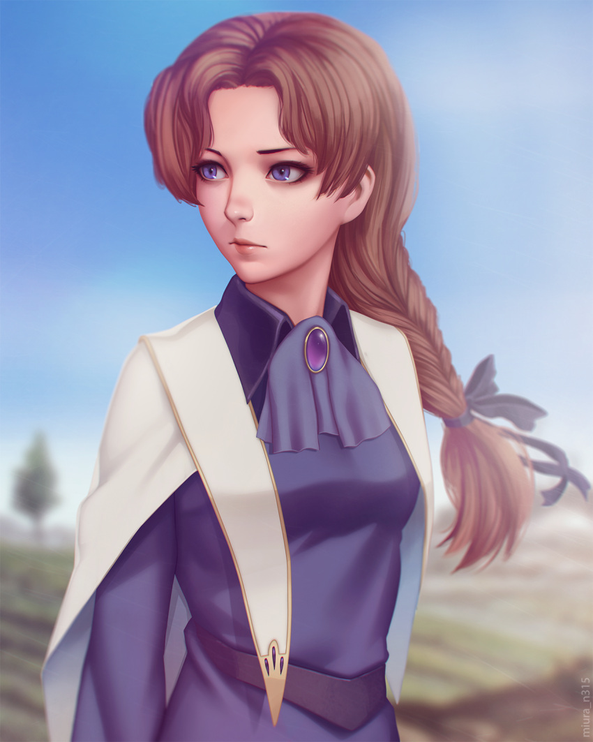 1girl altena artist_name belt blue_eyes blue_sky blurry blurry_background braid brooch brown_hair cape closed_mouth commentary cravat depth_of_field dress expressionless farm hair_ribbon highres jewelry lips long_hair looking_to_the_side miura-n315 noir nose outdoors purple_dress ribbon single_braid sky solo tree wing_collar