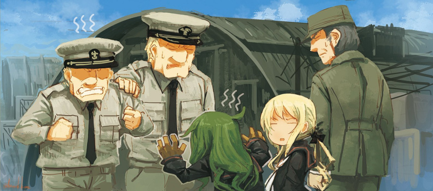 2girls 3boys black_hair blonde_hair breast_pocket clenched_hands clenched_teeth closed_eyes from_behind gloves green_hair hand_on_another's_shoulder hat kantai_collection kome long_hair long_sleeves military military_uniform multiple_boys multiple_girls nagatsuki_(kantai_collection) peaked_cap pocket satsuki_(kantai_collection) teeth twitter_username uniform
