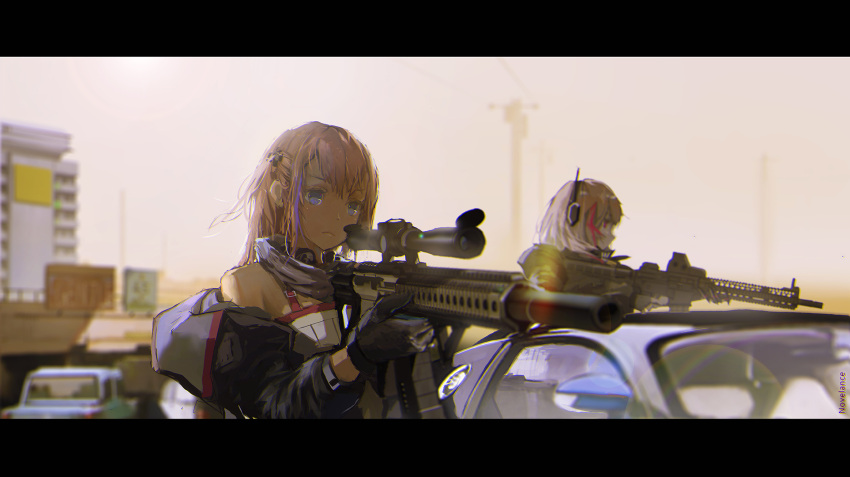 2girls ar-15 assault_rifle blue_eyes blurry blurry_background day girls_frontline gloves ground_vehicle gun hair_ornament highres holding holding_weapon jacket left-handed letterboxed m4_carbine m4_sopmod_ii_(girls_frontline) multicolored_hair multiple_girls novelance pink_hair red_eyes rifle scarf scope st_ar-15_(girls_frontline) weapon