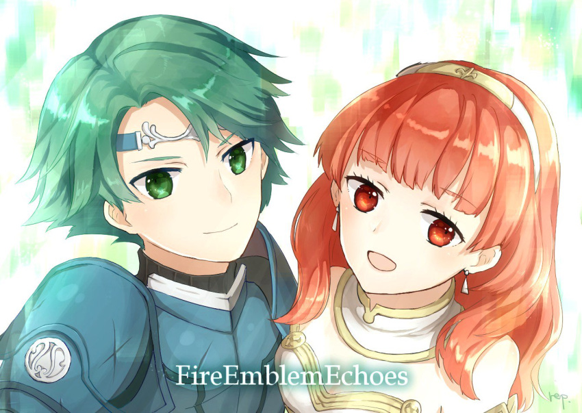 1boy 1girl alm_(fire_emblem) armor celica_(fire_emblem) circlet dress fire_emblem fire_emblem_echoes fire_emblem_echoes:_mou_hitori_no_eiyuuou green_eyes green_hair looking_at_viewer pauldrons redhead short_hair simple_background smile tiara