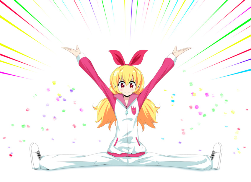 &gt;:) 1girl aikatsu! arms_up blonde_hair blush closed_mouth emphasis_lines full_body hair_ribbon hoshimiya_ichigo long_hair long_sleeves looking_at_viewer outstretched_arms red_eyes red_ribbon ribbon rocha_(aloha_ro_cha) shoes solo split track_suit white_background white_shoes
