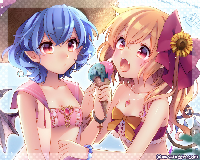 &gt;:/ 2girls :/ :o alternate_costume alternate_headwear artist_name bare_shoulders bat_wings bikini_top blonde_hair blue_hair bow bracelet cross crystal family fang flandre_scarlet flower food frown hair_bow hair_ornament hat ice_cream jewelry masaru.jp multiple_girls necklace no_hat no_headwear open_mouth pointy_ears ponytail red_eyes remilia_scarlet short_hair siblings side_ponytail sisters sunflower tongue tongue_out touhou upper_body wide-eyed wings