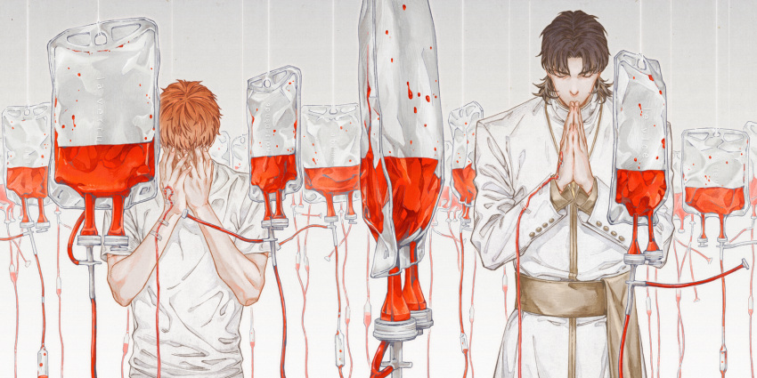 2boys bangs black_hair blood blood_bag cassock chazy closed_eyes covered_face covering_face emiya_shirou facing_viewer fate_(series) fingernails gradient gradient_background grey_background hands_on_own_face highres intravenous_drip kotomine_kirei long_sleeves male_focus multiple_boys orange_hair own_hands_together parted_bangs praying sash shirt short_sleeves t-shirt tape transparent upper_body white_shirt