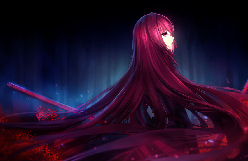 1girl bodysuit closed_mouth dark fate/grand_order fate_(series) floating_hair flower foreshortening from_behind gae_bolg long_hair looking_back meaomao outdoors polearm purple_bodysuit red_eyes red_flower redhead scathach_(fate/grand_order) solo spear very_long_hair weapon