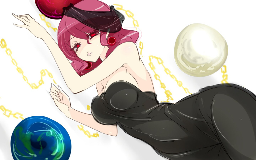 1girl alternate_costume bangs bare_shoulders black_dress breasts chains dress earrings earth_(ornament) eyes_visible_through_hair gold_chain half-closed_eyes hecatia_lapislazuli impossible_clothes impossible_dress jewelry long_eyelashes looking_at_viewer lying medium_breasts moon_(ornament) navel no_pupils on_side parted_lips raptor7 red_eyes redhead shiny shiny_hair shiny_skin short_hair sketch solo strapless strapless_dress thighs touhou veil wide_hips