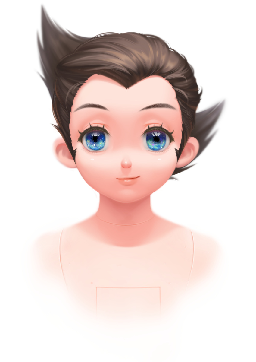 1boy absurdres android atom_(tetsuwan_atom) black_hair blue_eyes blurry closed_mouth depth_of_field eyelashes hair_slicked_back highres looking_at_viewer male_focus qian_(ovira) reflective_eyes shiny shiny_skin simple_background solo tetsuwan_atom white_background widow's_peak